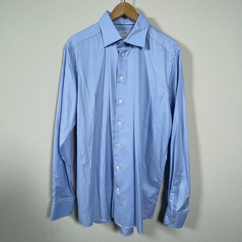 Eton Contemporary Fit Dress‎ Shirt Mens XL 17.5 Blue Micro Texture Cotton Luxury